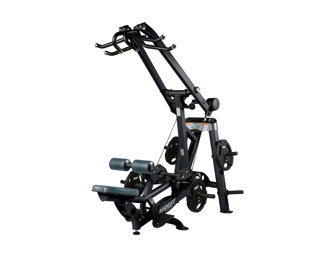 Hoist plate loaded lat pulldown machine with overhead lever arms, seat, thigh pads, and weight plate storage for back training
