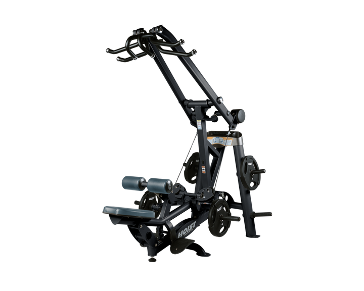 Hoist plate loaded lat pulldown machine with overhead lever arms, seat, thigh pads, and weight plate storage for back training