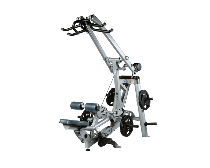 Hoist plate loaded lat pulldown machine with overhead lever arms, seat, thigh pads, and weight plate storage for back training