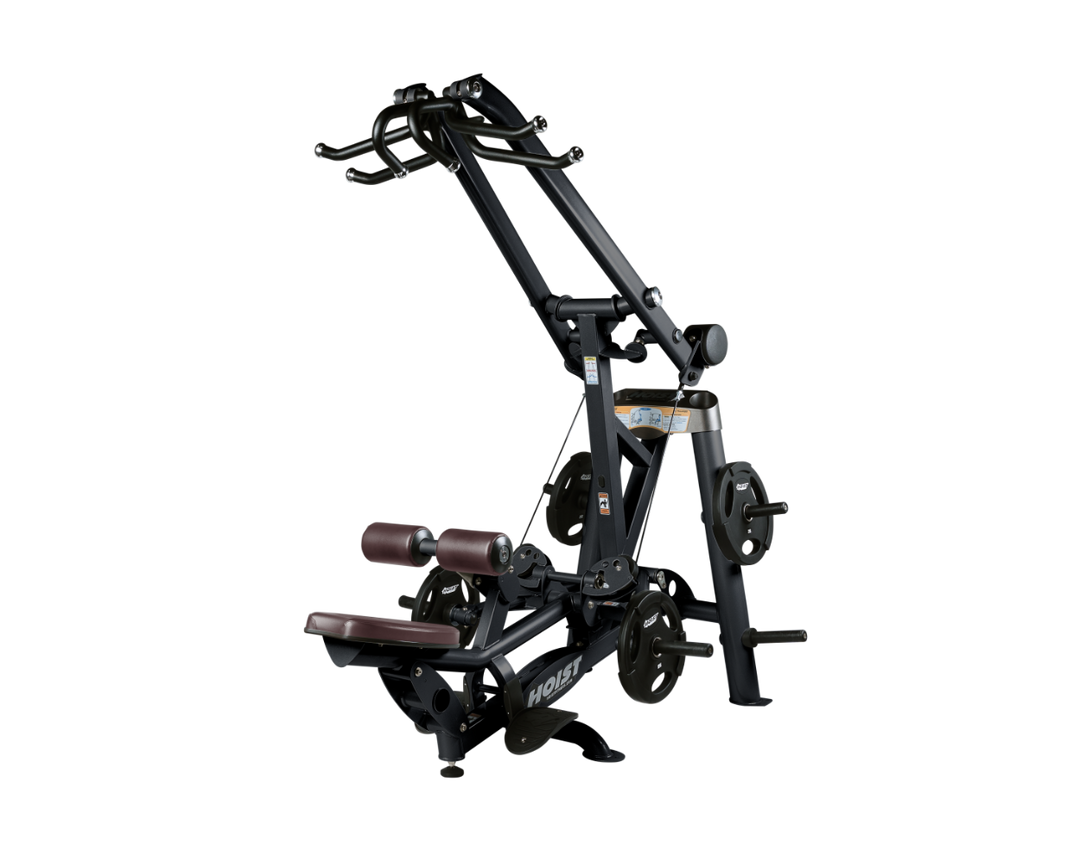 Hoist plate loaded lat pulldown machine with overhead lever arms, seat, thigh pads, and weight plate storage for back training