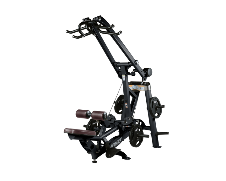 Hoist plate loaded lat pulldown machine with overhead lever arms, seat, thigh pads, and weight plate storage for back training