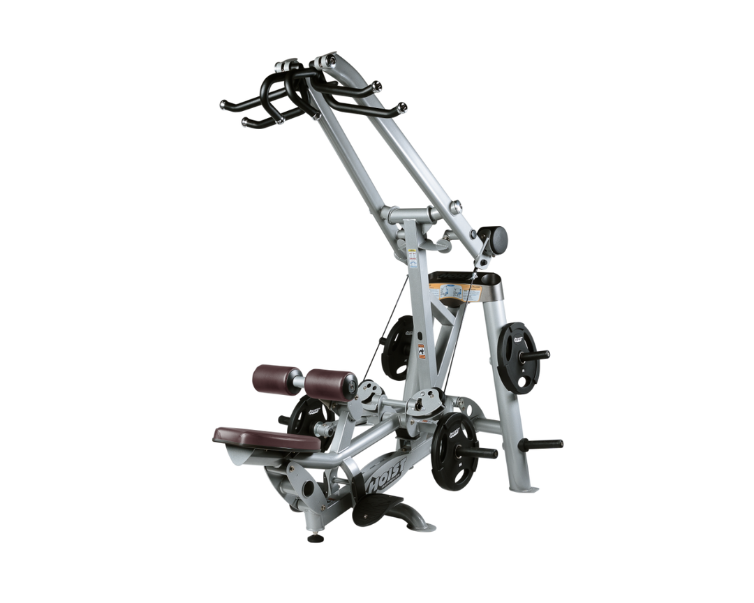 Hoist plate loaded lat pulldown machine with overhead lever arms, seat, thigh pads, and weight plate storage for back training
