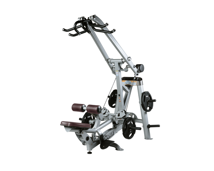 Hoist plate loaded lat pulldown machine with overhead lever arms, seat, thigh pads, and weight plate storage for back training