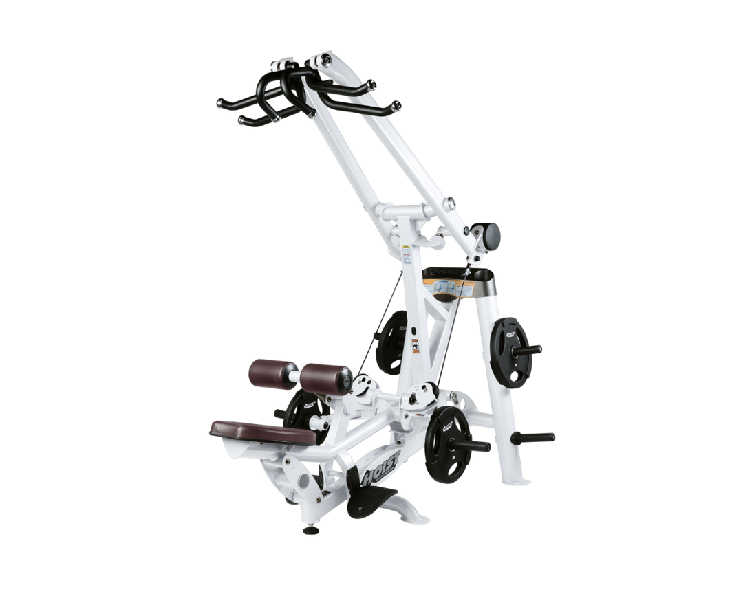 Hoist plate loaded lat pulldown machine with overhead lever arms, seat, thigh pads, and weight plate storage for back training
