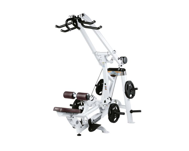 Hoist plate loaded lat pulldown machine with overhead lever arms, seat, thigh pads, and weight plate storage for back training