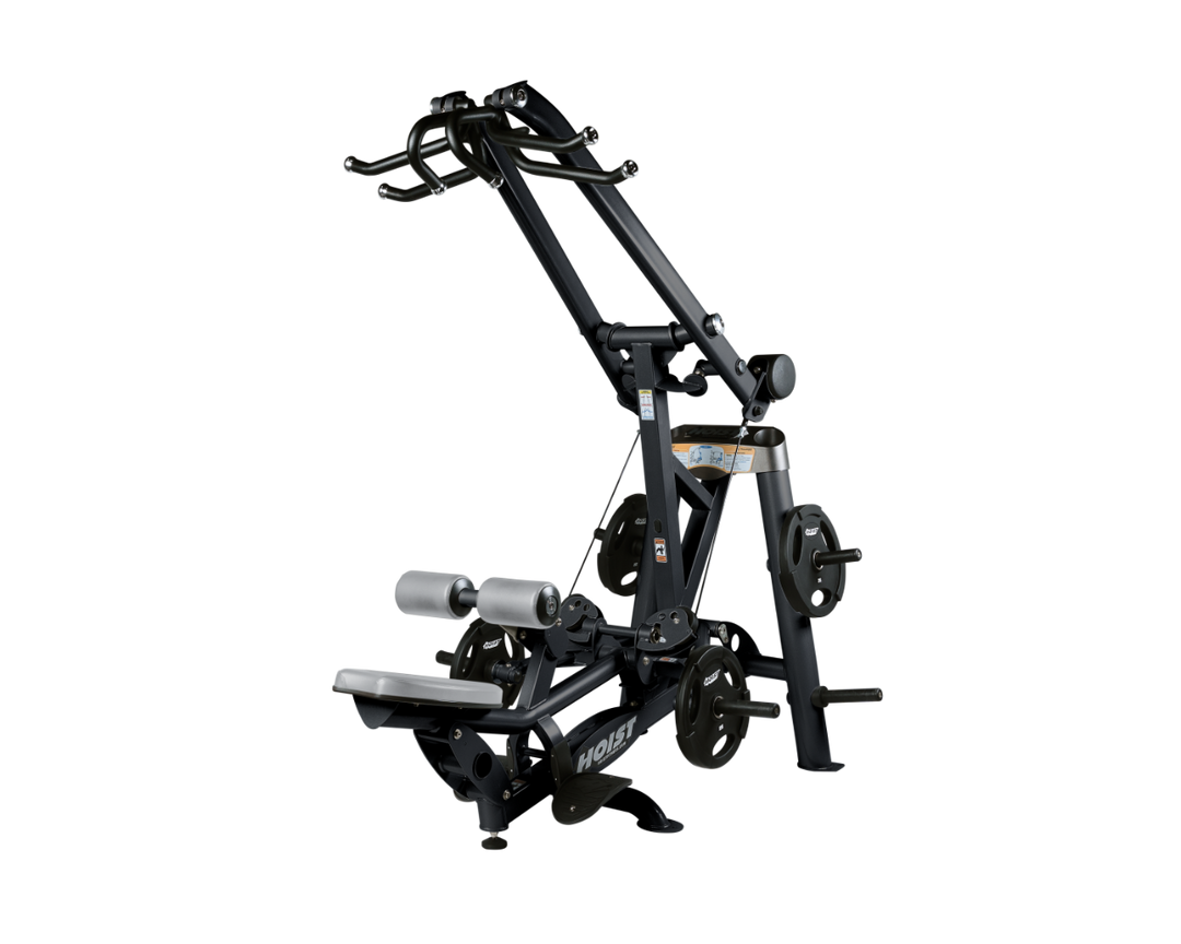 Hoist plate loaded lat pulldown machine with overhead lever arms, seat, thigh pads, and weight plate storage for back training