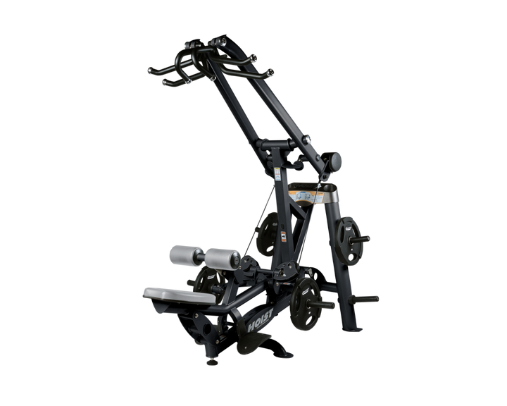Hoist plate loaded lat pulldown machine with overhead lever arms, seat, thigh pads, and weight plate storage for back training
