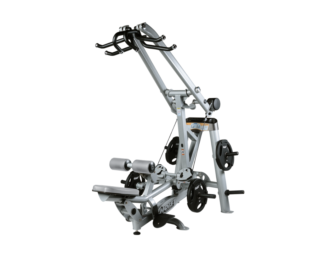 Hoist plate loaded lat pulldown machine with overhead lever arms, seat, thigh pads, and weight plate storage for back training