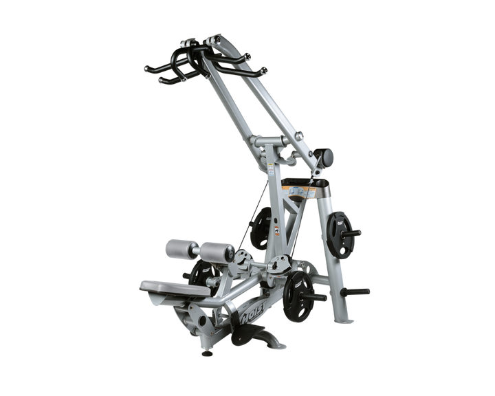 Hoist plate loaded lat pulldown machine with overhead lever arms, seat, thigh pads, and weight plate storage for back training