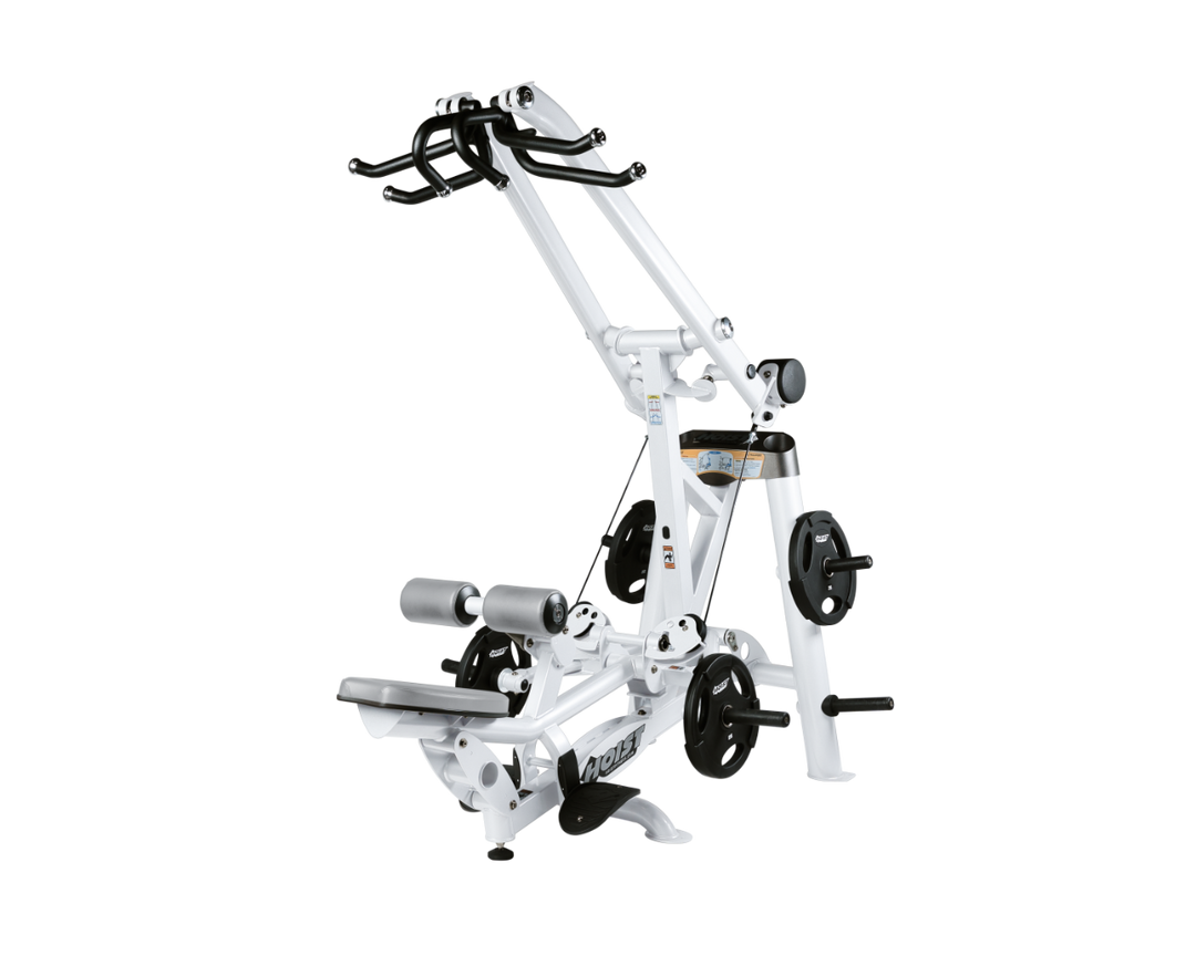 Hoist plate loaded lat pulldown machine with overhead lever arms, seat, thigh pads, and weight plate storage for back training