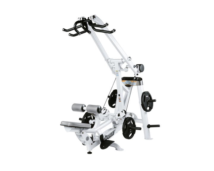 Hoist plate loaded lat pulldown machine with overhead lever arms, seat, thigh pads, and weight plate storage for back training