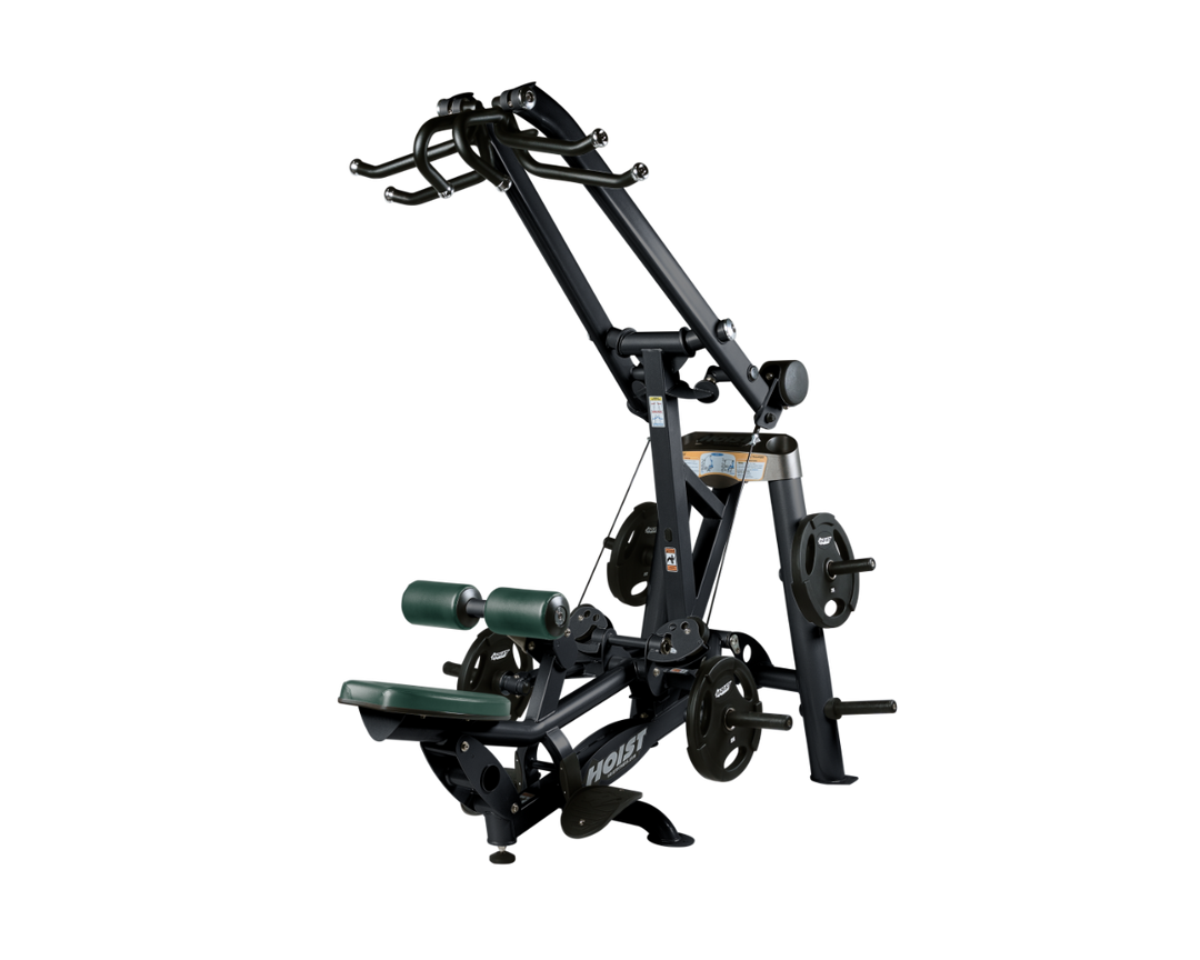 Hoist plate loaded lat pulldown machine with overhead lever arms, seat, thigh pads, and weight plate storage for back training