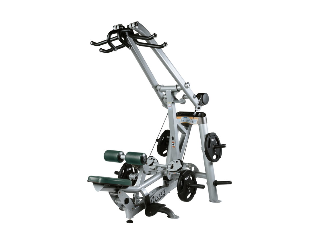Hoist plate loaded lat pulldown machine with overhead lever arms, seat, thigh pads, and weight plate storage for back training