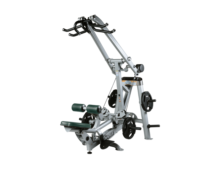 Hoist plate loaded lat pulldown machine with overhead lever arms, seat, thigh pads, and weight plate storage for back training