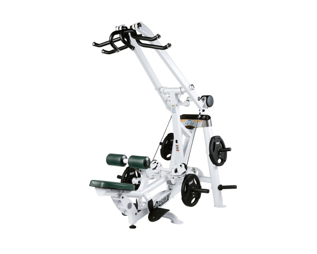 Hoist plate loaded lat pulldown machine with overhead lever arms, seat, thigh pads, and weight plate storage for back training