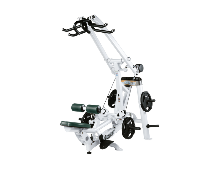Hoist plate loaded lat pulldown machine with overhead lever arms, seat, thigh pads, and weight plate storage for back training