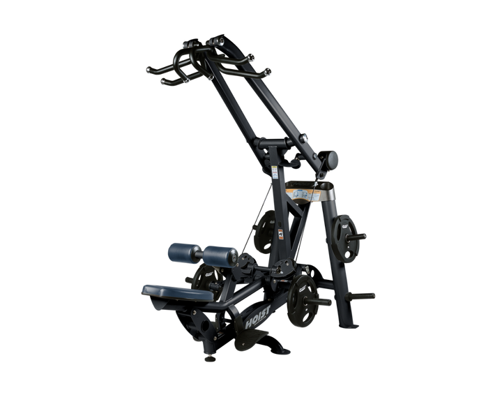 Hoist plate loaded lat pulldown machine with overhead lever arms, seat, thigh pads, and weight plate storage for back training