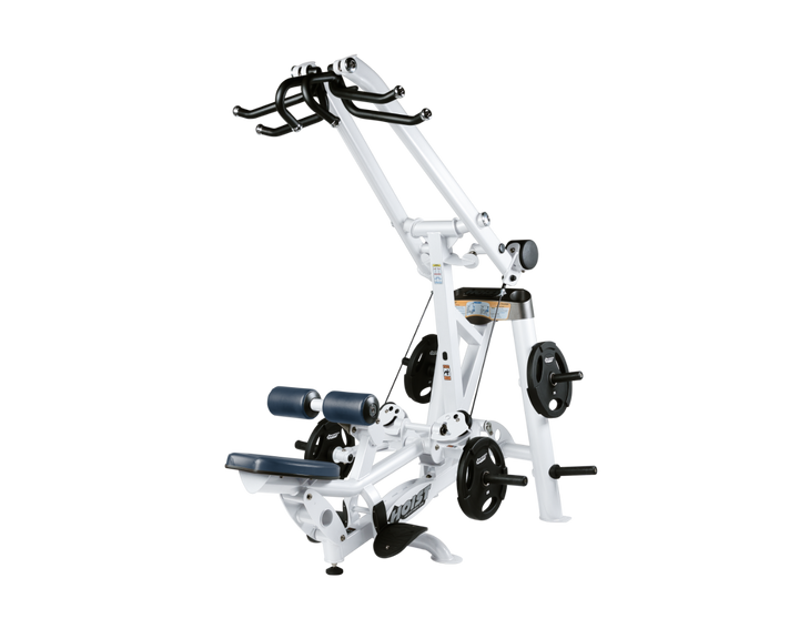 Hoist plate loaded lat pulldown machine with overhead lever arms, seat, thigh pads, and weight plate storage for back training