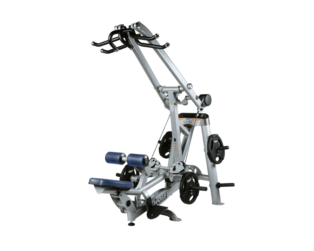 Hoist plate loaded lat pulldown machine with overhead lever arms, seat, thigh pads, and weight plate storage for back training
