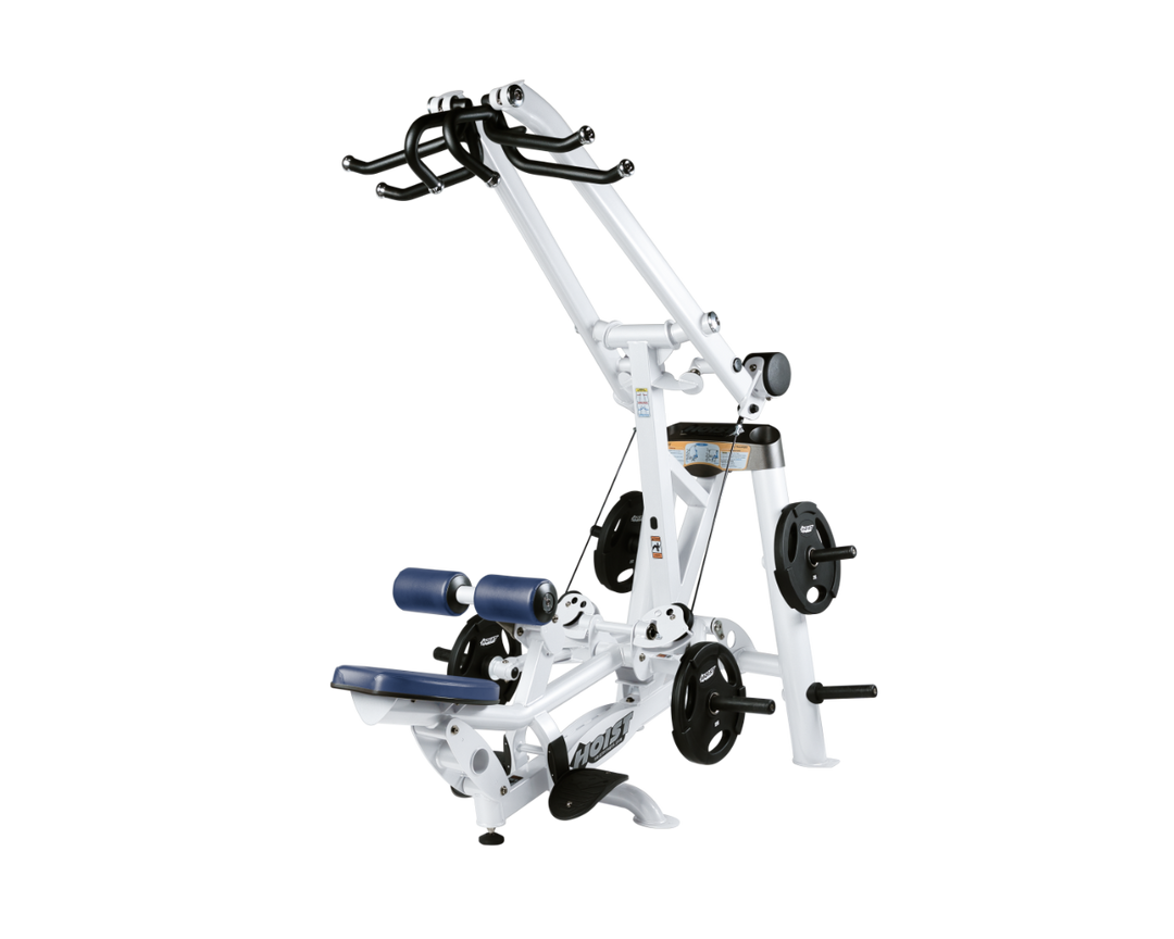 Hoist plate loaded lat pulldown machine with overhead lever arms, seat, thigh pads, and weight plate storage for back training