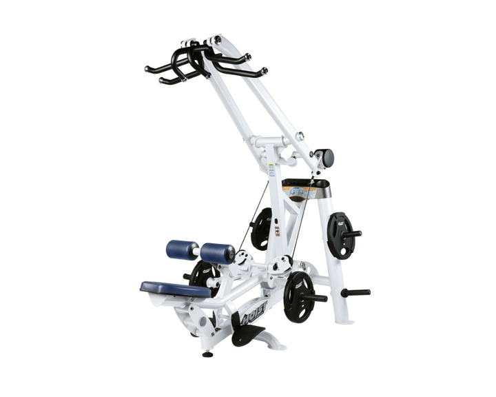 Hoist plate loaded lat pulldown machine with overhead lever arms, seat, thigh pads, and weight plate storage for back training