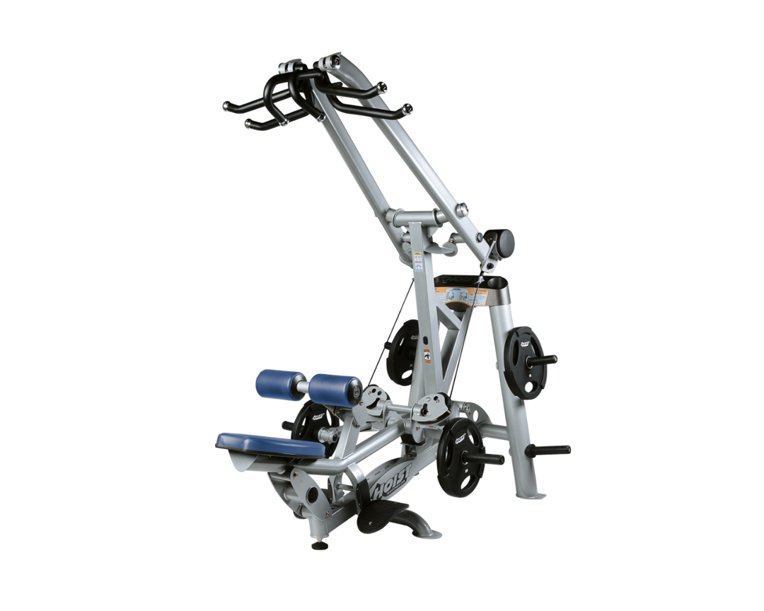 Hoist plate loaded lat pulldown machine with overhead lever arms, seat, thigh pads, and weight plate storage for back training