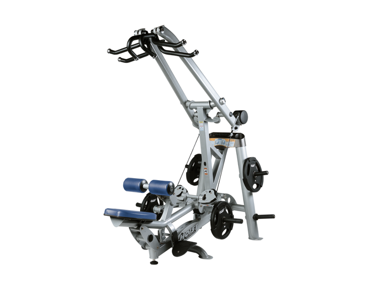 Hoist plate loaded lat pulldown machine with overhead lever arms, seat, thigh pads, and weight plate storage for back training
