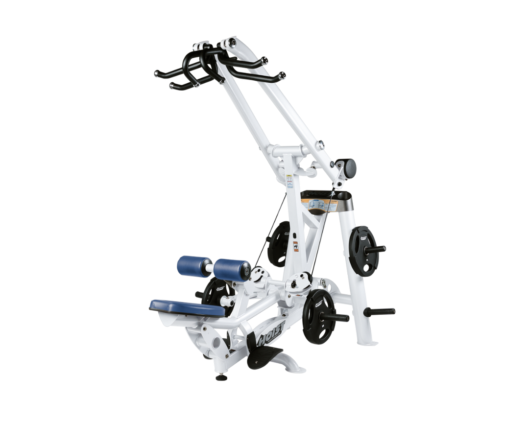 Hoist plate loaded lat pulldown machine with overhead lever arms, seat, thigh pads, and weight plate storage for back training