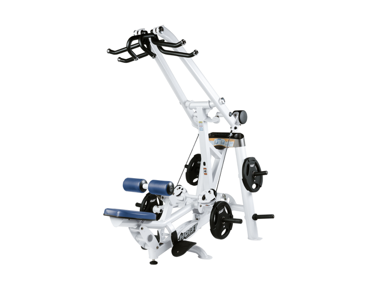 Hoist plate loaded lat pulldown machine with overhead lever arms, seat, thigh pads, and weight plate storage for back training