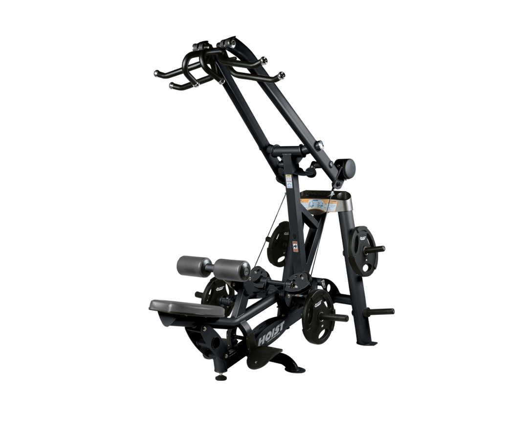 Hoist plate loaded lat pulldown machine with overhead lever arms, seat, thigh pads, and weight plate storage for back training
