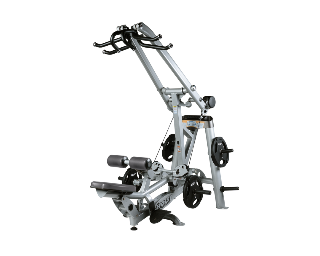Hoist plate loaded lat pulldown machine with overhead lever arms, seat, thigh pads, and weight plate storage for back training