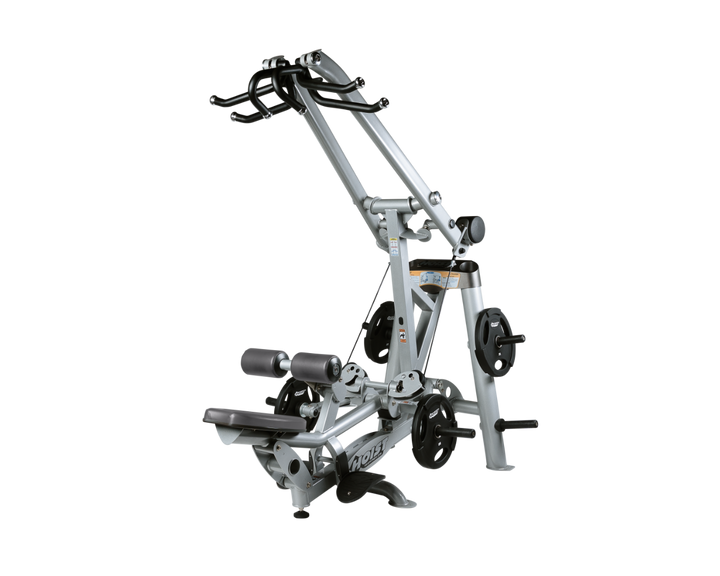 Hoist plate loaded lat pulldown machine with overhead lever arms, seat, thigh pads, and weight plate storage for back training