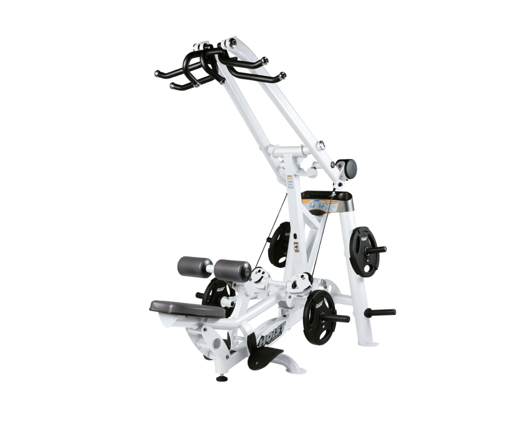 Hoist plate loaded lat pulldown machine with overhead lever arms, seat, thigh pads, and weight plate storage for back training