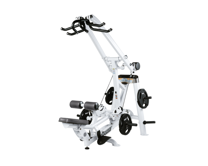 Hoist plate loaded lat pulldown machine with overhead lever arms, seat, thigh pads, and weight plate storage for back training