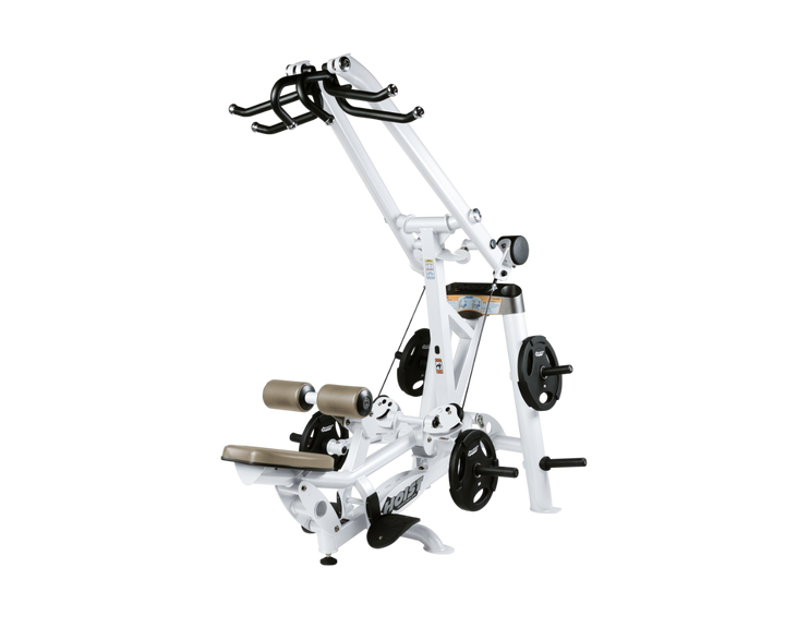 Hoist plate loaded lat pulldown machine with overhead lever arms, seat, thigh pads, and weight plate storage for back training