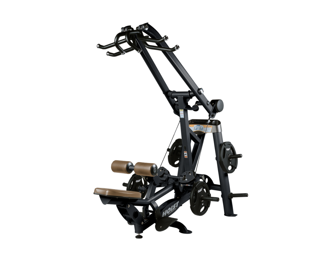 Hoist plate loaded lat pulldown machine with overhead lever arms, seat, thigh pads, and weight plate storage for back training