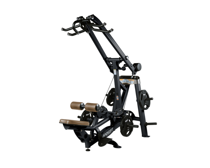 Hoist plate loaded lat pulldown machine with overhead lever arms, seat, thigh pads, and weight plate storage for back training