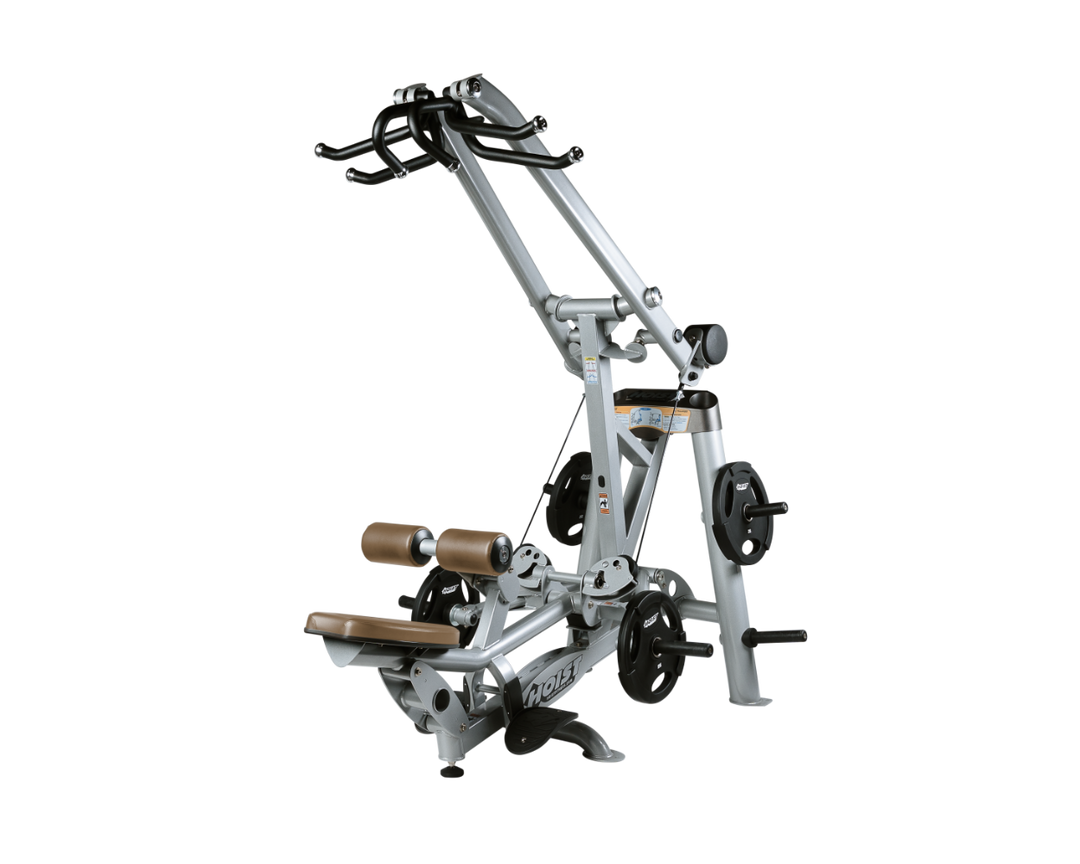 Hoist plate loaded lat pulldown machine with overhead lever arms, seat, thigh pads, and weight plate storage for back training