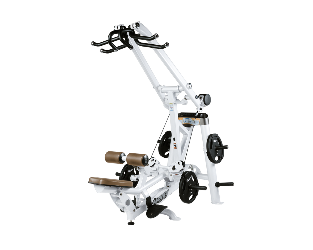 Hoist plate loaded lat pulldown machine with overhead lever arms, seat, thigh pads, and weight plate storage for back training
