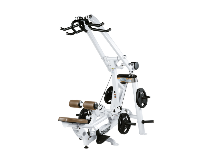 Hoist plate loaded lat pulldown machine with overhead lever arms, seat, thigh pads, and weight plate storage for back training
