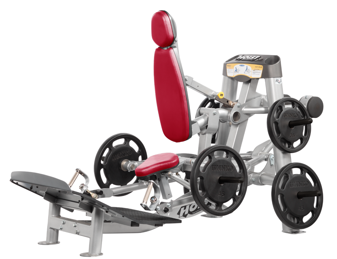 Hoist plate loaded hack squat machine with multi-function design for squats, deadlifts, and shrugs with adjustable foot platform and shoulder pads