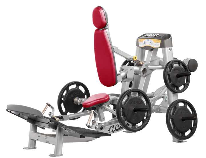 Hoist plate loaded hack squat machine with multi-function design for squats, deadlifts, and shrugs with adjustable foot platform and shoulder pads