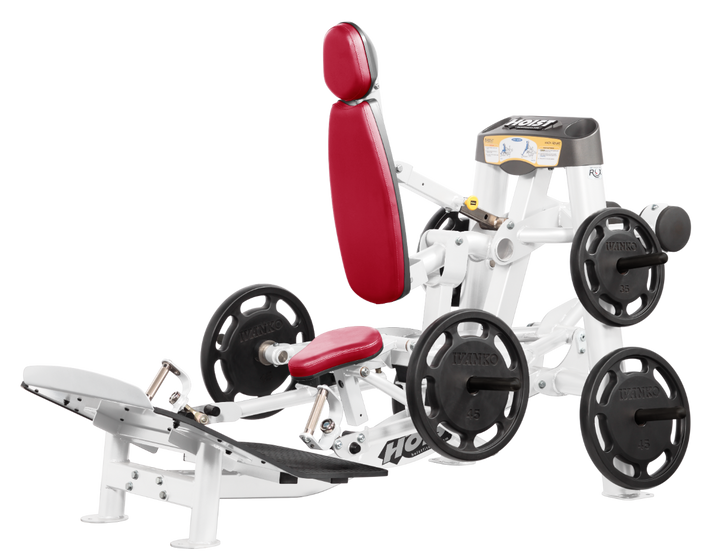 Hoist plate loaded hack squat machine with multi-function design for squats, deadlifts, and shrugs with adjustable foot platform and shoulder pads