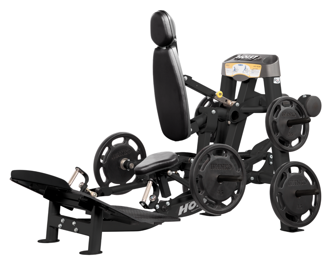 Hoist plate loaded hack squat machine with multi-function design for squats, deadlifts, and shrugs with adjustable foot platform and shoulder pads