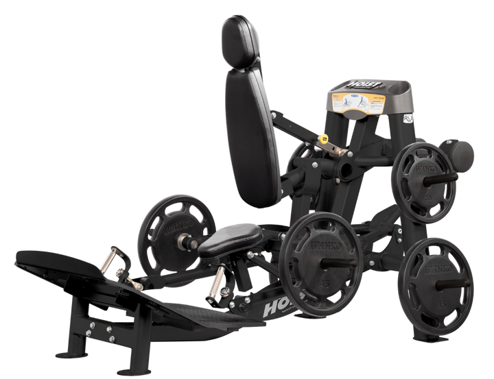 Hoist plate loaded hack squat machine with multi-function design for squats, deadlifts, and shrugs with adjustable foot platform and shoulder pads