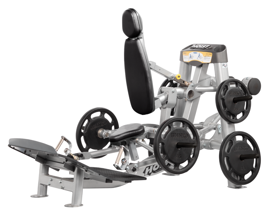 Hoist plate loaded hack squat machine with multi-function design for squats, deadlifts, and shrugs with adjustable foot platform and shoulder pads