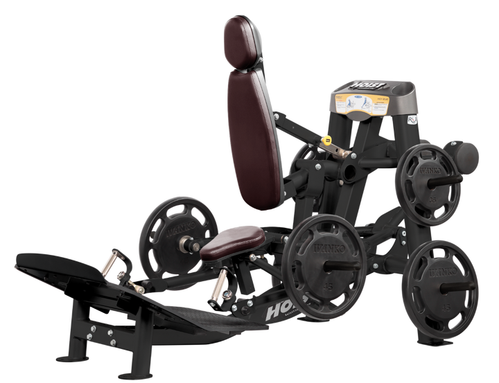 Hoist plate loaded hack squat machine with multi-function design for squats, deadlifts, and shrugs with adjustable foot platform and shoulder pads