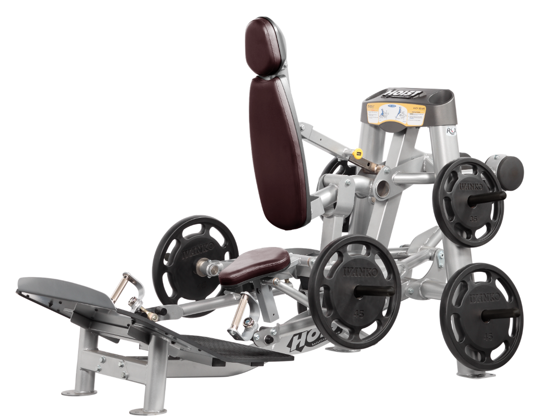 Hoist plate loaded hack squat machine with multi-function design for squats, deadlifts, and shrugs with adjustable foot platform and shoulder pads