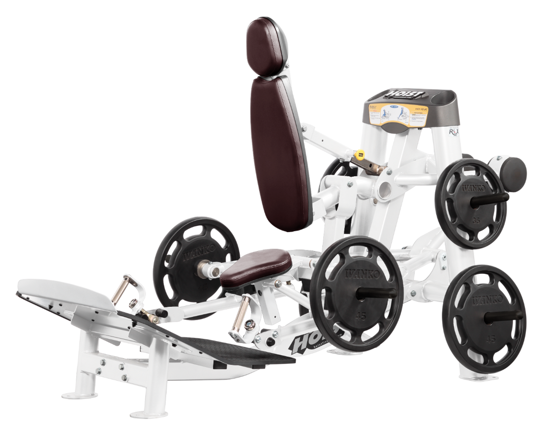 Hoist plate loaded hack squat machine with multi-function design for squats, deadlifts, and shrugs with adjustable foot platform and shoulder pads