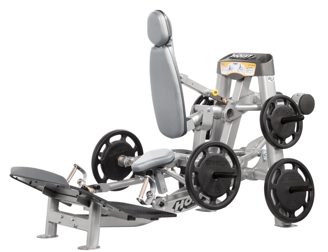 Hoist plate loaded hack squat machine with multi-function design for squats, deadlifts, and shrugs with adjustable foot platform and shoulder pads